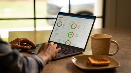 A close of up of person using a laptop going over data on Ford Telematics Essentials.
