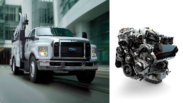 2027 Ford F-750 SuperCab in Oxford White being driven on road and 6.7-liter Power Stroke V8 Turbo Diesel engine