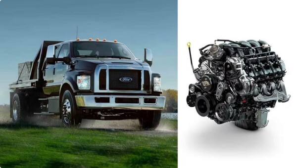 2027 Ford F-750 Crew Cab in Agate Black being driven on dirt road near grass and water and 7.3-liter V8 gas engine