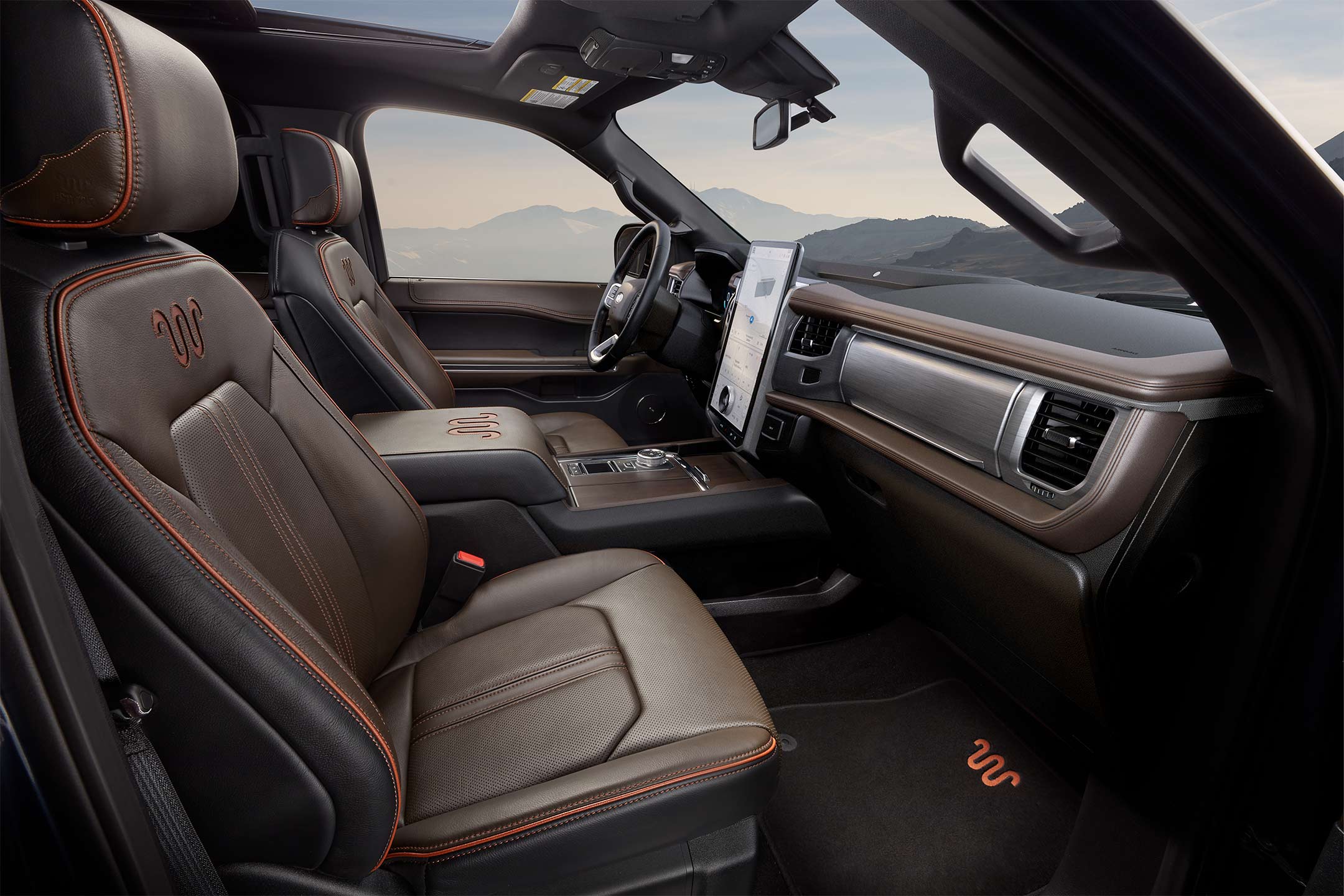 Interior of the 2023 Ford Expedition King Ranch® leather seating and console