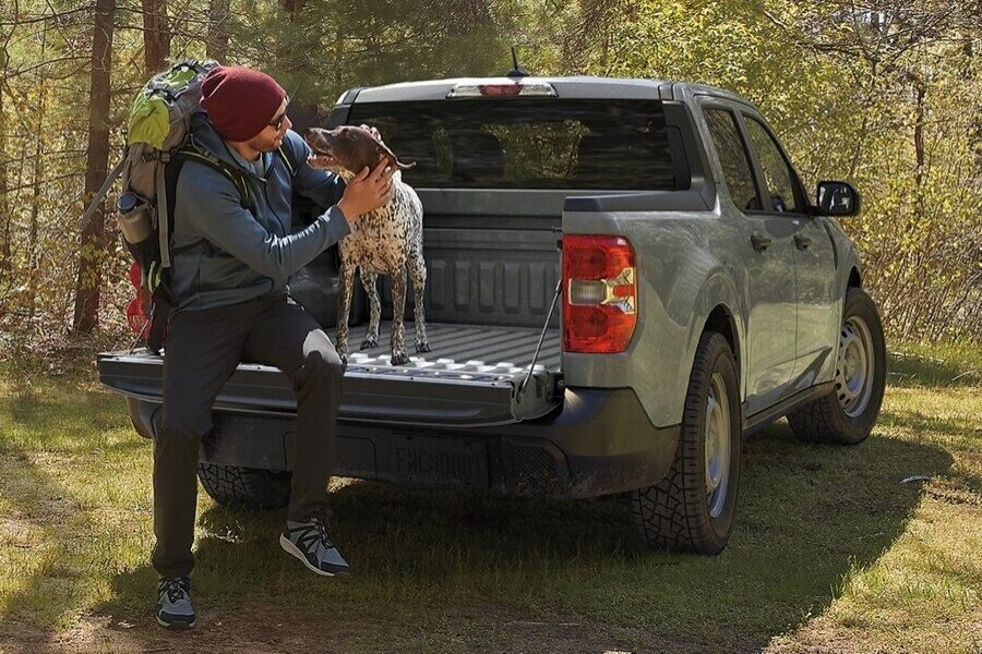 2023 Ford Maverick® truck parked near a hiking trail with a man and his dog sitting on the tailgate