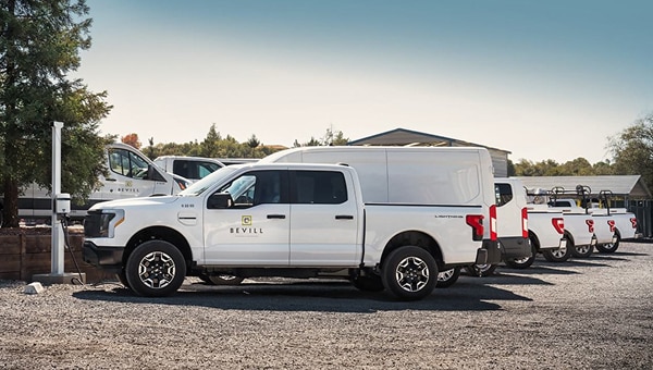 White Ford Pro pickup truck parked in a lot with other fleet vehicles in the background.