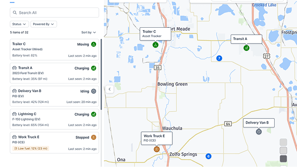 Ford Pro telematics dashboard showing live map view with vehicle locations.