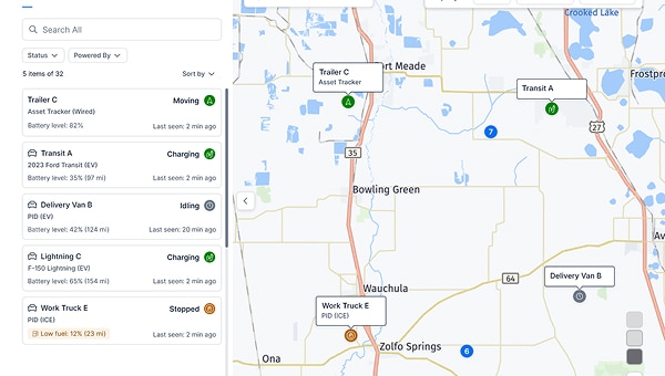 Ford Pro Telematics dashboard showing fleet tracking and asset map.