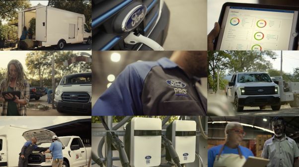 Ford Pro commercial vehicles, EV charging stations, fleet technicians, and business owners using connected fleet management tools.