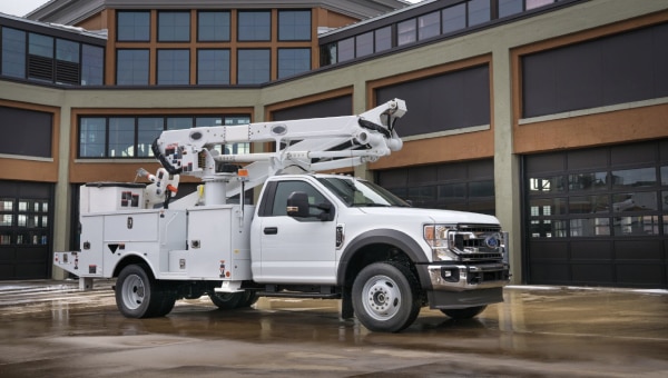 Bucket truck showcasing bucket lift upfit.