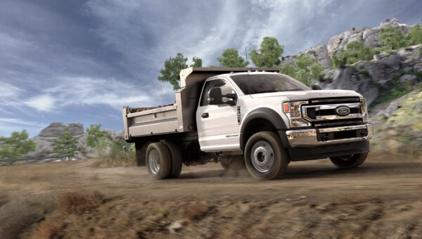 Completed Ford dump truck upfit ready for pickup or delivery.