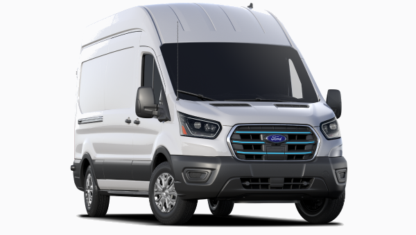 A White Ford E-Transit Van.